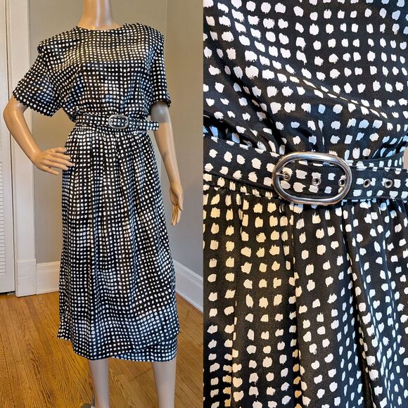 Vintage 80s Leslie Fay Polka Dot Midi Dress, Belted Black, Corpcore Office 14 - Picture 1 of 12